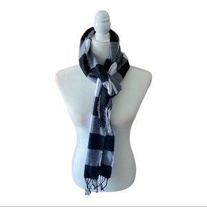 Women's White & Black Plaid Checkered Scarf with Tassels, Winter Scarf